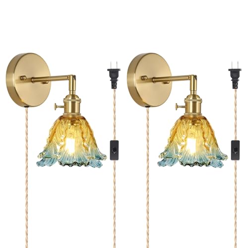 XIYOUVE Vintage Plug in Wall Sconces Set of 2, Cabbage Yellow Lampshade & 180 Degree Adjustable, Brass Wall Lights, for Bedroom Living Room Hallway Aisle, Bulbs Not Included, ETL Listed