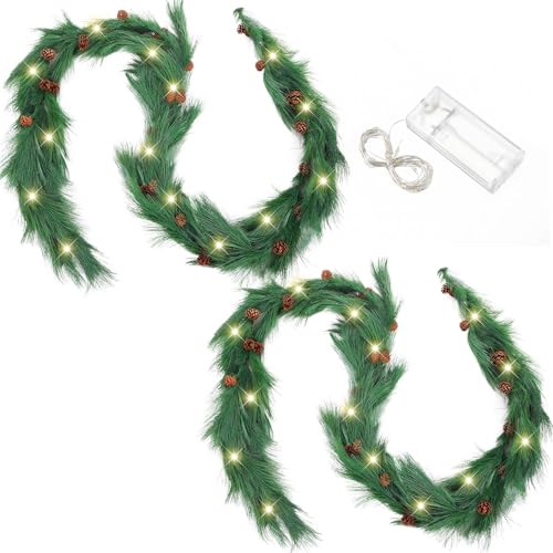 Jutom 2 Set 13.2ft Christmas Deluxe Norfolk Pine Garlands Artificial Long Needle Pine Cone Garland Realistic Xmas Cedar Garland for Holiday Mantle Table Indoor Outdoor Decor