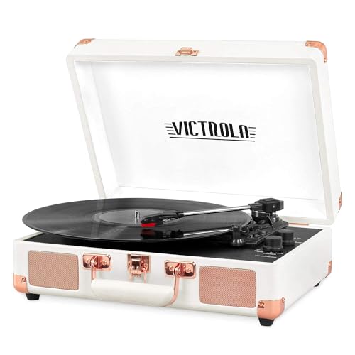 Victrola Vintage 3-Speed Bluetooth Portable Suitcase Record Player with Built-in Speakers | Upgraded Turntable Audio Sound|White Rose Gold, Model Number: VSC-550BT-WRG