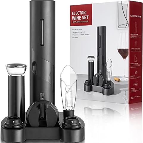 VinFlow5 7-Piece Wine Opener Set (Black), Includes eOpener, Manual Vacuum Pump, Tulip-Shaped Aerator / Pourer, Foil Cutter, 2 Wine Stoppers w/ Date Markers & Storage Base Cover