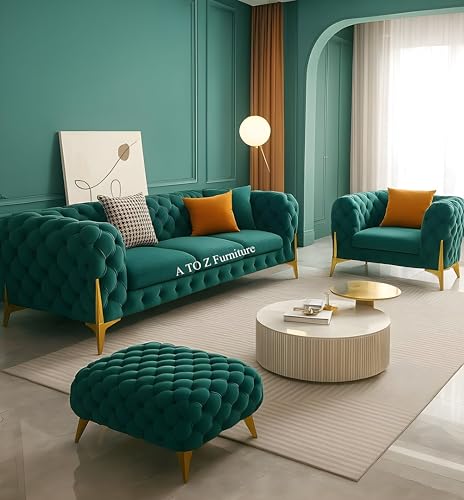 Image of A to Z Furniture Modern Classic Fabric & Valvet Tufted Chesterfield Sofa Living Room and Office (3+1= 4 Seater Sofa Set with Footrest Teal Green)