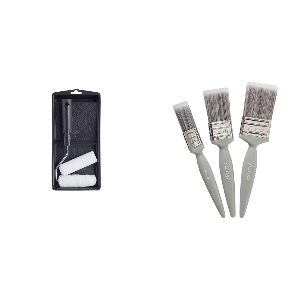 101092201 Essentials Mini Roller Set for Walls & Ceilings with Tray and Frame, 4” Emulsion & Gloss Roller Sleeves & Essentials Walls & Ceilings Paint Brushes, 3 Brush Pack, 1", 1.5", 2",Grey