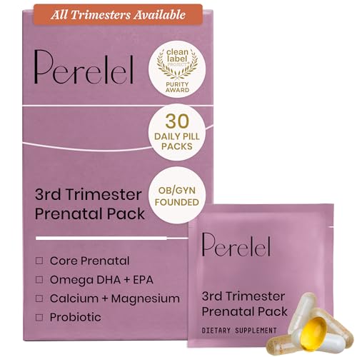 Perelel 3rd Trimester Prenatal Pack Multivitamin with Magnesium Omega 3 Probiotics & Calcium Nutritional Support for Third Trimester Wellness Soy & Gluten Free Non GMO 30 Daily Pill Packs
