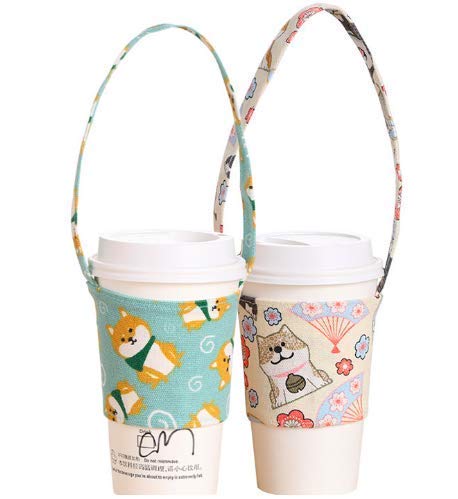 (2PCK) Bubble Tea Cup Holder Carrier Foldable with Handle and Straw Holder for Hot and Cold Drinks and Coffee(Turquoise Shiba and White Dog (with Fans)