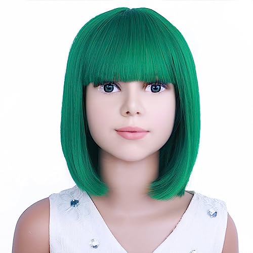 Image of PATTNIUM Kids Green Wig Child Green Bob Wig for Girls Colored Wigs Dark Green Bob Wig Cosplay Party Synthetic Wigs