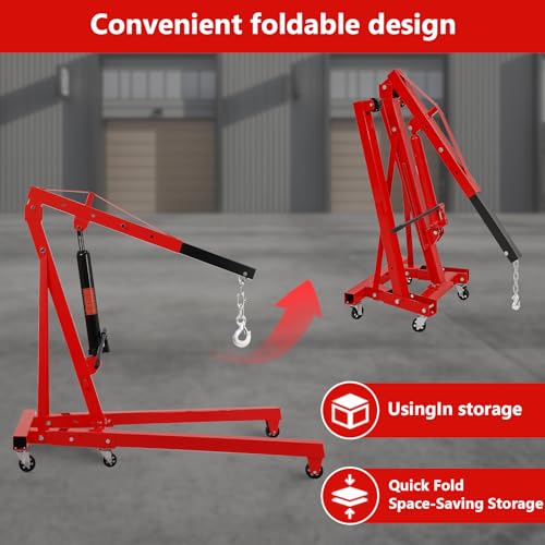 2 Ton Folding Engine Crane Engine Hoist Cherry Picker Ship Crane Heavy Duty Steel Lift Garage Workshop Auto Repair Foldable Stand 6 Caster (Red)