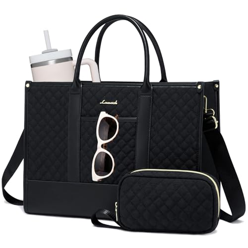 LOVEVOOK Laptop Bags for Women, 15.6 inch Waterproof Work Tote Bag with Clutch, Professional Teacher Computer Purse Lightweight Shoulder Bag Travel, Quilted Black