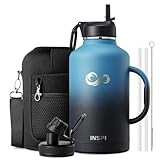 64oz Water Bottle Insulated with Straw & 2 Lids, INSPI Double Wall Vacuum Stainless Steel Metal Large Jug with Handle, Wide Mouth Flask Mug with Carry Pouch, Keep Cold Hot for Travel, Indigo Black