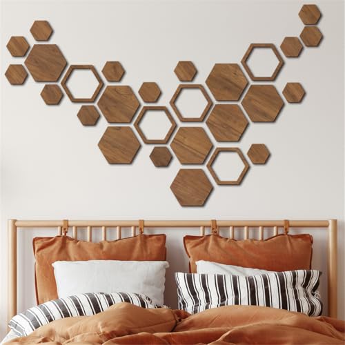 Wooden Hexagon Wall Art Decor, 27 PCS 3D Removable...