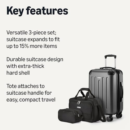 Amazon Basics 3-Piece Luggage Set, Including Carry-On Luggage (22" Expandable Hardside Suitcase With 8 Spinner Wheels), 15" Tote Bag, and 10" Compact Travel Bag, Black - Image 3