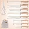 Knife Set, 15 Pcs Khaki Kitchen Knife Set for Home, Granite Nonstick Ceramic Coating, Stainless Steel Sharp Chef Knife Sets with Block, Wood Grain Handle, Ergonomic Non-slip Handle Knife Block Set