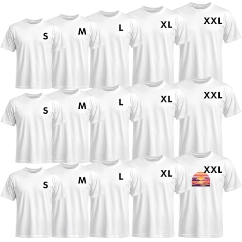Cutecrop White 15 PCS Unisex Sublimation T Shirt Bulk, S to XXL Blank Crew Neck Polyester Short Sleeve for DIY Heat Transfer