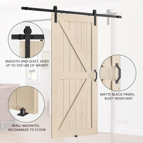 36 x 84 in Paneled Solid Wood Unfinished Barn Door with Installation Hardware Kit