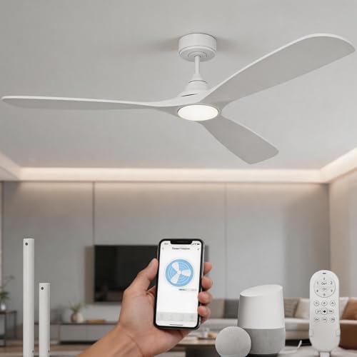 NOPAARD 60 Inch Ceiling Fan with Lights, Solid Wood Blades Smart Ceiling Fan with Remote and App Controls, ETL Quiet DC Motor 6 Speed, Timing, High CFM, Dimmable LED Light for Home Office, White Wood by NOPAARD - Used condition - US$109.90
