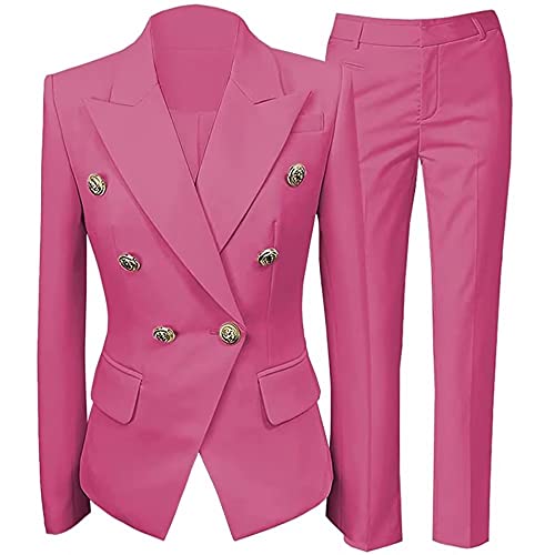 Women's 2 Piece Office Lady Business Suit Set Double-Breasted Office Workwear Slim Suit Slim Fit Blazer Pant,Fuschia Suit For Women #TOP1