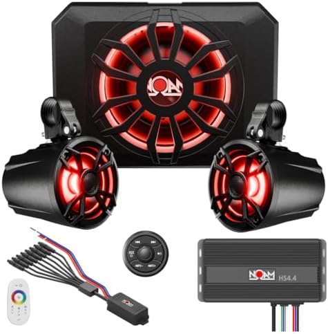 NOAM NUTV5-S PRO - Marine ATV/Golf Cart/UTV Stereo System kit – with 2 Waterproof LED Light Tower Speakers, Subwoofer, Weatherproof Controller with Bluetooth and AUX Input and Four Channels Amplifier