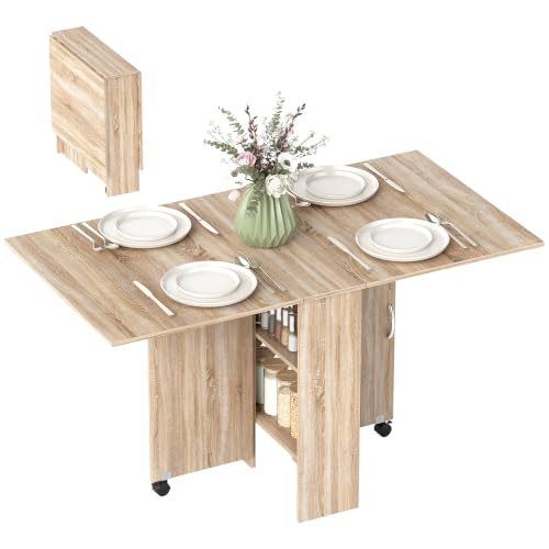HOMCOM Mesa Plegable de Comedor con Ruedas 75x140x74 cm Natural