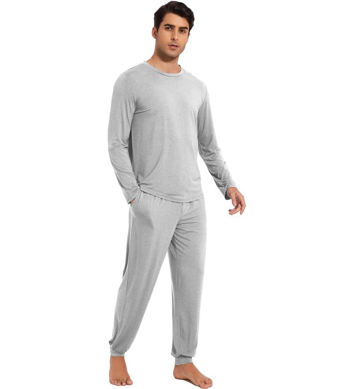 WiWi Men's Viscose from Bamboo Pajama Sets Long Sleeve Top and Pants Sleepwear Pjs with Pockets Drawstring S-XXL