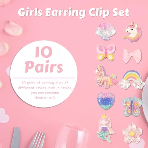 Deepton 10 Paar Klipp Ohrringe Kinder Mädchen, Ohrclips Mädchen, Ohrklipser Kinder, Clip Ohrringe Mädchen, Magnet Ohrklipser Einhorn-Blumen-Prinzessin-Ohrring Set