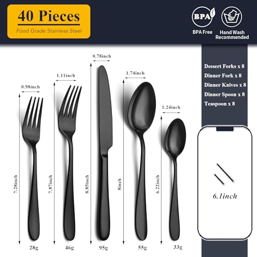 Image of 40 Piece Black Silverware Set Service for 8, EIUBUIE Premium Stainless Steel Black Cutlery Set, Mirror Polished Flatware Sets, Modern Kitchen Eating Utensils Sets Include Forks Spoons Knives