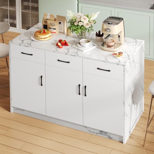 Merax Große Kücheninsel 120 x 60 x 90,5 cm mit Barbereich, Weißes Marmordesign, 3 Schubladen & 3 Türen, Verstellbare Einlegeböden, Ideal für Küchenzeile, Küchenschrank und Buffetschrank