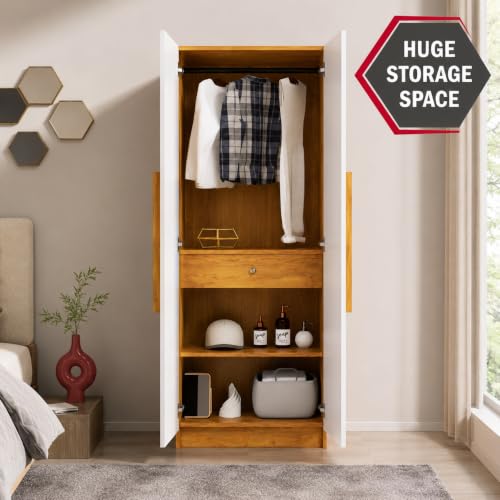 Image of Bniture 2 Door Wardrobe for Bedroom | Almirah for Clothes with 4 Shelves | Spacious Storage Cupboard for Bedroom | Wooden Wardrobe (46D x 80W x 182H CM) | 3 Years Warranty | Giant Wood & Frosty White