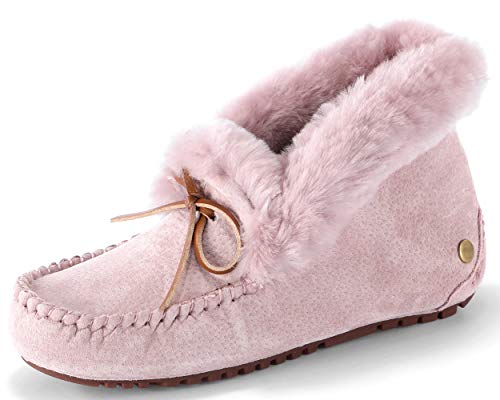 Image of Women's Moccasin Slippers with Warm Wool Lining, Pigskin Leather Non-Slip Rubber Sole for Indoor and Outdoor Casual Winter Flat Shoes