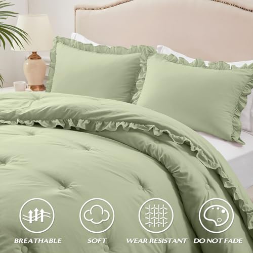 Image of HARBOREST Comforter Set Green - Fluffy Queen Ruffle Comforter Set for All Seasons, 3 Pieces Shabby Chic Bedding, Comforter and 2 Pillow Shams