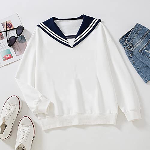 Wrenpies Women's Sweatshirt Hoodie Cotton Aesthetic Japanese Jk Uniform Y2K Collar Sweatshirts Kawaii High School Girls Tops (White,L,Large) #TOP3