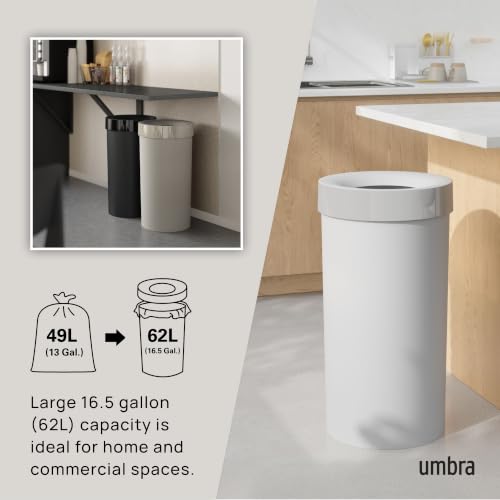 Image of Umbra Vento Kitchen Trash Can, Open Top 16.5 Gallon Garbage Can, Grey | Durable construction, compatible with drawstring bags, residential or commercial use, wipe clean maintenance