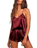 Ekouaer Silk Pajamas for Women Satin Cami Pjs Set V Neck Camisole Shorts Set Adjustable Strap Sleepwear Dark Red