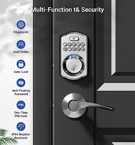 Veise Fingerprint Door Lock With 2 Lever Handles - Keyless Entry Door Lock With Handle, Electronic Keypad Deadbolt Front Door Lock Set, Auto Lock, 1 Touch Locking, Easy Installation, Satin Nickel #TOP3