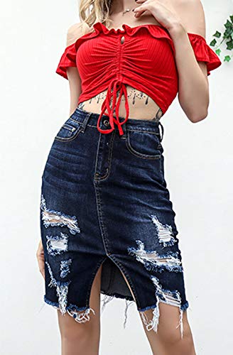 chouyatou Women's Bodycon Front Split Frayed Dark Washed Midi Denim Pencil Skirt4