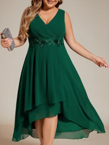 Image of Ever-Pretty Plus Women's V Neck Applique Chiffon Pleated Sleeveless Midi Plus Size Cocktail Party Dresses