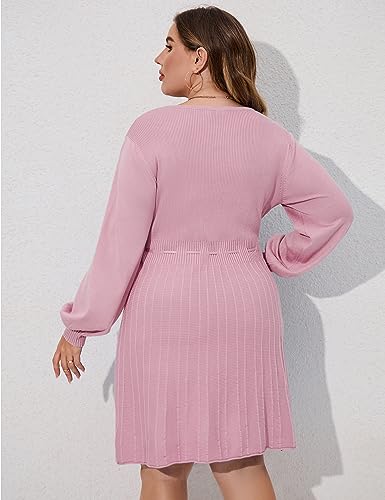 Image of Women's Plus Size Casual Sweater Dress Square Neck Long Lantern Sleeve Tie Waist Loose Pullover Sweater Dresses