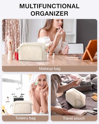 Image of BAGSMART Travel Makeup Bag, Cosmetic Bag Small Make Up Organizer Case,Wide-open Pouch for Women Purse for Toiletries Accessories Brushes,Small Beige
