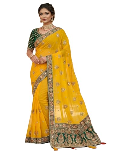 Image of Women's Bollywood Heavy Sequins Embroidery Work Georgette Saree with Unstitched Blouse