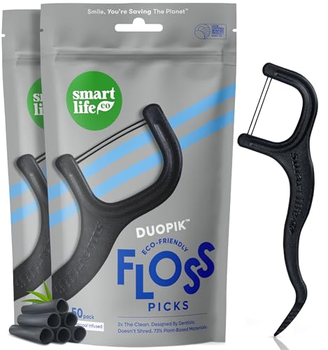 Image of SmartLifeco Eco-Friendly Dual-Thread Dental Floss Picks (100ct) - Flossers Made with Straw Wheat Blend, Natural Teeth Whitening, Tooth Pick Stick for Adults, Activated Bamboo Charcoal Floss Thread