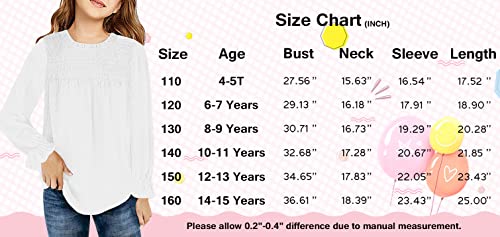 Haloumoning Girls Cute Short/Long Sleeve T Shirts Casual Loose Swing Ruffle Blouses Kids Soft Chiffon Tops Tee 4-15 Years D-White #TOP5