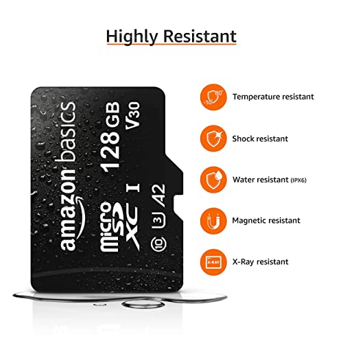 Amazon Basics Tarjeta de memoria microSDXC con adaptador de tamaño completo, A2, U3, velocidad de lectura de hasta 100 MB/s, 128 GB, negra
