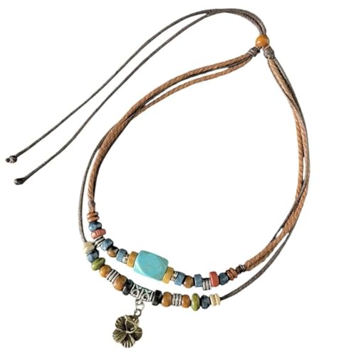 Collier ethnique double couche en acier inoxydable et perles de bois rétro pour homme et femme