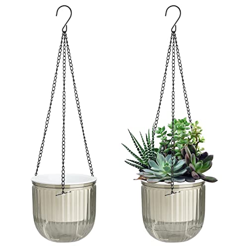 屋内植物用ハンギングプランター 2個 セルフ散水 6.5インチ ハンギングフラワーポット 屋外用 プラスチック製 植物ハンギングバスケット アイアンチェーン付き ガーデンホーム用 (グレー)