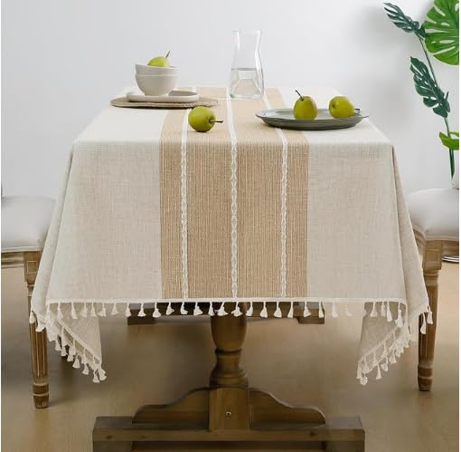 Softalker テーブルクロス おしゃれ 120X150 CM 長方形 桌布 撥水 北欧 テーブルカバー リネン タッセル 撥水 お手入れ簡単 汚れ防止 厚手 防水 防油 ダイニング テーブルクロス 家庭用 業務用 テーブルマット (ブラウン·ストライプ) Table cloth