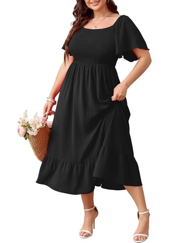 Image of SCOMCHIC Women's Plus Size Summer Dress Casual Short Sleeve Scoop Neck Maxi Dress Smocked Ruffle Boho Flowy Long Dresses