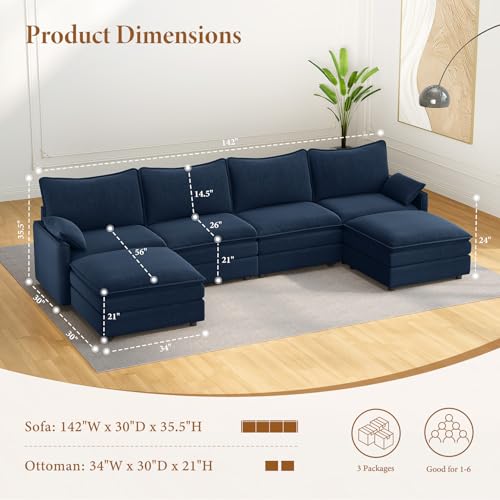 Image of Vesgantti 142 inch Large Cloud Sectional Couch, U-Shaped Deep Seat Sofa, Blue | Modern Chenille, Height Adjustable, Cloud-Like Comfy Modular Sofa, Living Room Couch Set for Apartment, Movable Ottoman