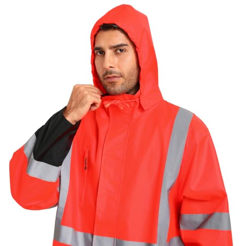 Image of 3-Piece Hi-Vis Rain Suit, Safety Jacket with Hood & Bib Overalls