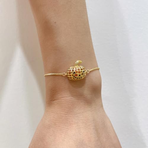 Halloween Pumpkin Bracelet for Women Crystal CZ Autumn Fall Holiday Ornament Adjustable Chain Link Bracelets Gold Plated Dainty Thanksgiving Festive Jewelry2