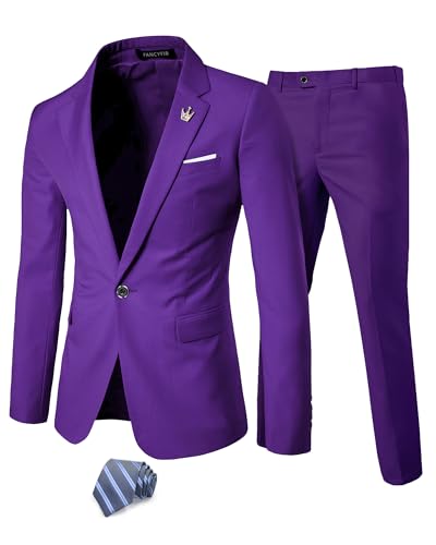 Men's Slim Fit 2 Piece Suit with Tie, One Button Solid Jacket and Pants for Business Weddings Party