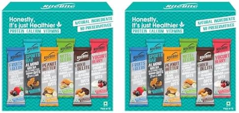 RiteBite Max Protein Nutrition Assorted Bar,375Gm (Choco Delite-1 * 40G, Yogurt Berry-1 * 35G, Peanut Butter-2 * 40G, Fruits & Seeds-2 * 35G, Nuts & Seeds- 2 * 35G, Sports Bar-2 * 40G) (Pack Of 20)