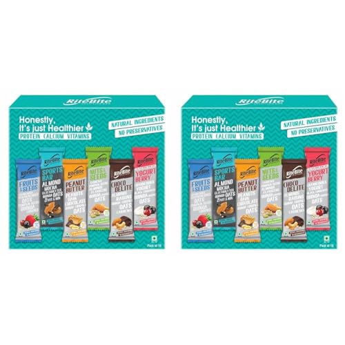 RiteBite Max Protein Nutrition Assorted Bar,375Gm (Choco Delite-1 * 40G, Yogurt Berry-1 * 35G, Peanut Butter-2 * 40G, Fruits & Seeds-2 * 35G, Nuts & Seeds- 2 * 35G, Sports Bar-2 * 40G) (Pack Of 20)